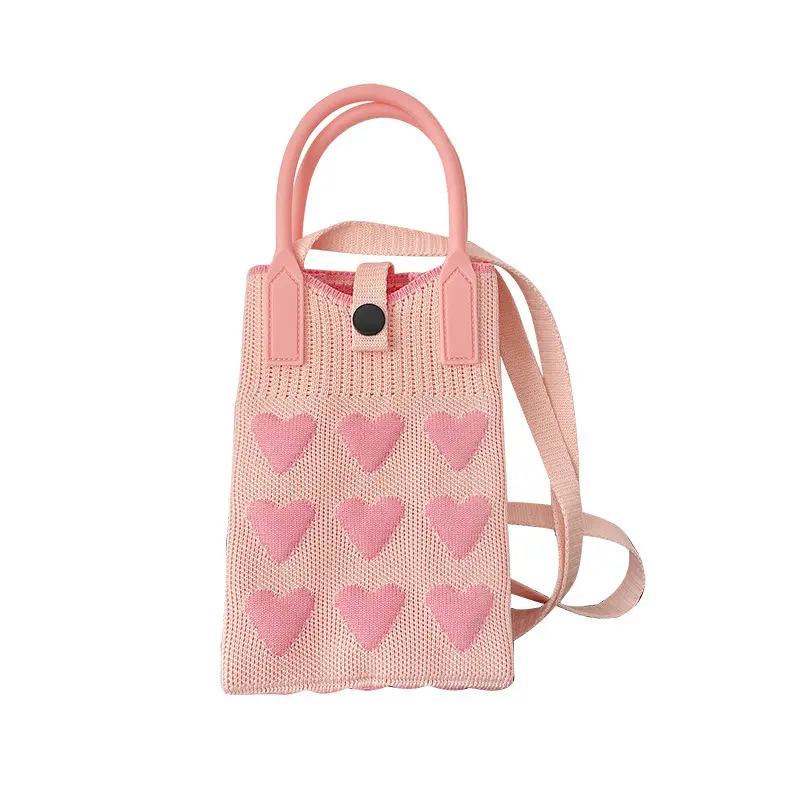 Bolsa de mão portátil de mão para mulheres, bolsa de mão de mão de malha fofa estilo coreano com desenho de interesse especial amor mini bolsa de telefone