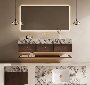 Mueble de baño suspendido de mediados de siglo con acabado en nogal y lavabo integrado de piedra sinterizada sin costuras en blanco y negro. - Product Image 2