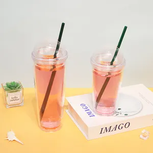 Design créatif Gobelet à eau en plastique transparent à double paroi de 24oz de qualité alimentaire avec tasses à paille et pailles