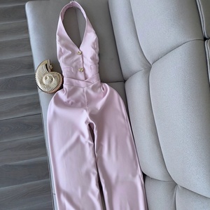 Tuta Rosa con Scollo all'Americana da <span class=keywords><strong>Donna</strong></span>, Estiva, di Alta Gamma, con Fibbia a Cuore, Senza Maniche, Pantaloni a Gamba Larga, in Poliestere, <span class=keywords><strong>Elegante</strong></span> e alla Moda - Product Image 3