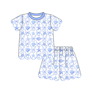 GSSO3542 Conjunto Infantil Personalizado para Niña, Diseño de Conchas Azules y Estrellas de Mar, Manga Corta con Volantes, Venta al Por Mayor - Product Image 1