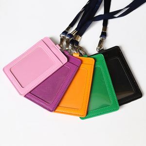 Custom Wholesale School Worker Candy Color Pu Leather Employee <b>Id</b> Card Badge <b>Holders</b> With Lanyards - Product Image 2