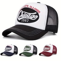 Gorras de Béisbol con Bordado de Letras Estilo Hip-Hop Americano, Protección Solar, Malla Transpirable, Diseño Color Block, Gorras Trucker para Exteriores, Nueva Colección Primavera-Verano