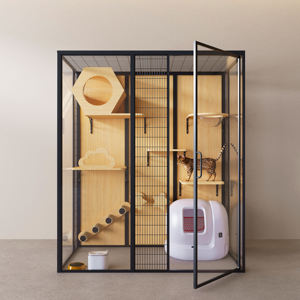 Villa moderne de luxe pour chat, maison en bois massif pour animaux de compagnie, cadre noir, <span class=keywords><strong>cage</strong></span> extérieure en métal pour le salon, motif d'impression de luxe, style polyvalent - Product Image 3