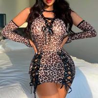 Lingerie Leopard Print Magnetik Torrid, Gaun Slip Bodycon Berenda Seksi, Pakaian Seragam Menggoda untuk Wanita