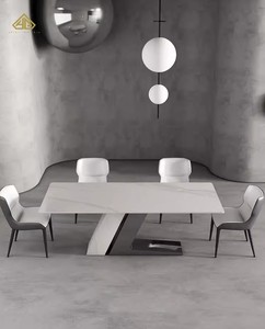 Table à manger en dalle de pierre brillante avec plateau minimaliste blanc montagne enneigée - Product Image 3