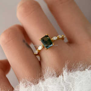 Anillo de Compromiso y Boda de Ágata Musgosa con Corte Princesa, Joyería Fina Clásica de Buena Calidad para Mujer, Regalo y Aniversario - Product Image 4