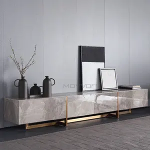 Rock Stone Italian modern elegant style luxury t.v stand for furniture living room with storage drawers stainless steel base