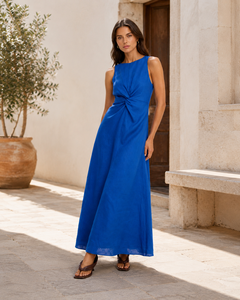 Vestido Elegante de Lino Azul para Mujer, Sin Mangas, Corte Maxi, para Vacaciones o Uso Diario, en Oferta - Product Image 3