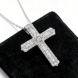 CUSTOM SILVER 10K/14K/18K GOLD PLATED LAB GROWN CVD DIAMOND CLASSIC ENGAGEMENT GIFT SWEATER <b>CHAIN</b> NECKLACE <b>CROSS</b> PENDANT - Product Image 2