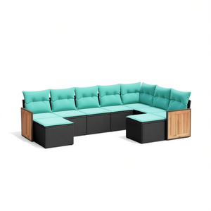 Ensemble de canapés de patio en polyrotin noir avec coussins, 9 pièces, mobilier de jardin extérieur, design contemporain, panneaux en teck - Product Image 1