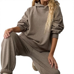 Sweat-shirt à capuche surdimensionné pour femme, marron uni, mélange de coton, tricoté, manches longues, vêtements décontractés d'automne - Product Image 1