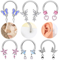 Stainless Steel Zircon Horseshoe Ring Planet Nose Ring C Rod Heart Ear Nail Fashion Septum Piercing Jewelry