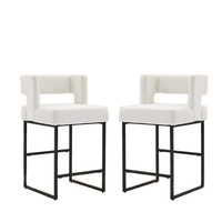 Ensemble de tabourets modernes blancs, 2 chaises de cuisine à hauteur de comptoir, dossier carré, bras, rembourrage en velours, pieds en métal