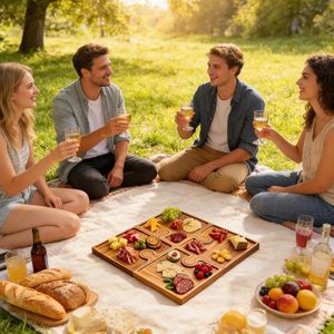 Set di 4 vassoi da portata in legno di acacia con manici e porta bicchieri da vino, ideali per feste e decorazioni domestiche - Product Image 2