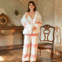 Pyjama d'hiver pour femmes en flanelle épaisse avec dentelle et coussinets de poitrine, haut de camisole, pantalon long, robe, ensemble de salon à domicile 6500