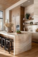 Cuisine moderne en bois Prima avec îlot en marbre pour appartement, villa, hôtel – Design minimaliste, fabrication sur mesure