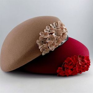 Ladies Fashion Autumn Winter 100% Wool Beret <b>Hat</b> Felt Flower Fascinator Beret <b>Hat</b> - Product Image 1