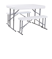 Table pliante portable en plastique blanc avec 2 bancs pliants, ensemble de table de camping et de fête en plein air