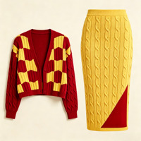 Ensemble coordonné en maille bicolore OEM pour femmes rondes : Cardigan court et jupe crayon assortie