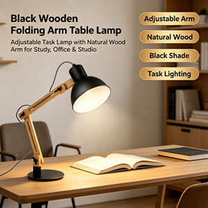 Lampada da Tavolo Industriale in Legno con Braccio Regolabile, Paralume in Metallo Nero per Studio, Ufficio, Lettura, Camera da Letto - Product Image 6