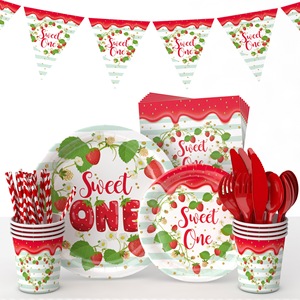 Plato de papel para fiesta de cumpleaños con temática de <span class=keywords><strong>fresa</strong></span>, vaso de papel, pastel de frutas de verano para niños, decoración, juego de cubiertos de revelación de género - Product Image 1