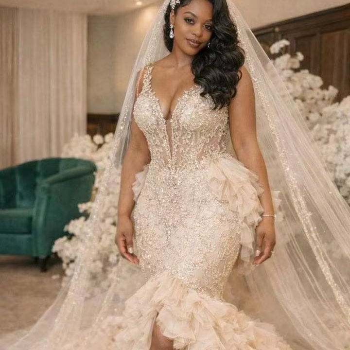 sexy beaded wedding dresses Customized Mermaid Dress Tulle Lace Applique Crystal High Slit Bridal Gown Vestidos De Novia sweeping mermaid tulle skirt Web Collection: Transitional to AW102 How to Accessorize a Size:M (US 4)