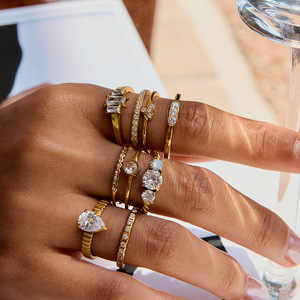 Micro Pave zircon hình học ban nhạc đôi nổi Solitaire xoắn dây ban nhạc trái tim cắt đá quý tối giản đồng bằng ban nhạc Vòng thiết lập - Product Image 1