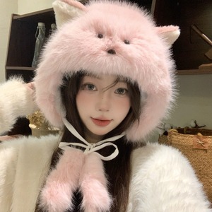Chapeau en peluche Blush Cat pour femmes, chapeau de pêcheur chaud d'hiver doublé de polaire épaisse pour le cyclisme en plein air - Product Image 1