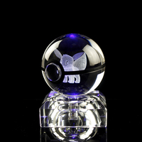 Pokeball en verre 3D en cristal K9 lumineux, dessin animé Pokemon Go, avec base optionnelle, pour cadeaux de Noël, lampe de nuit