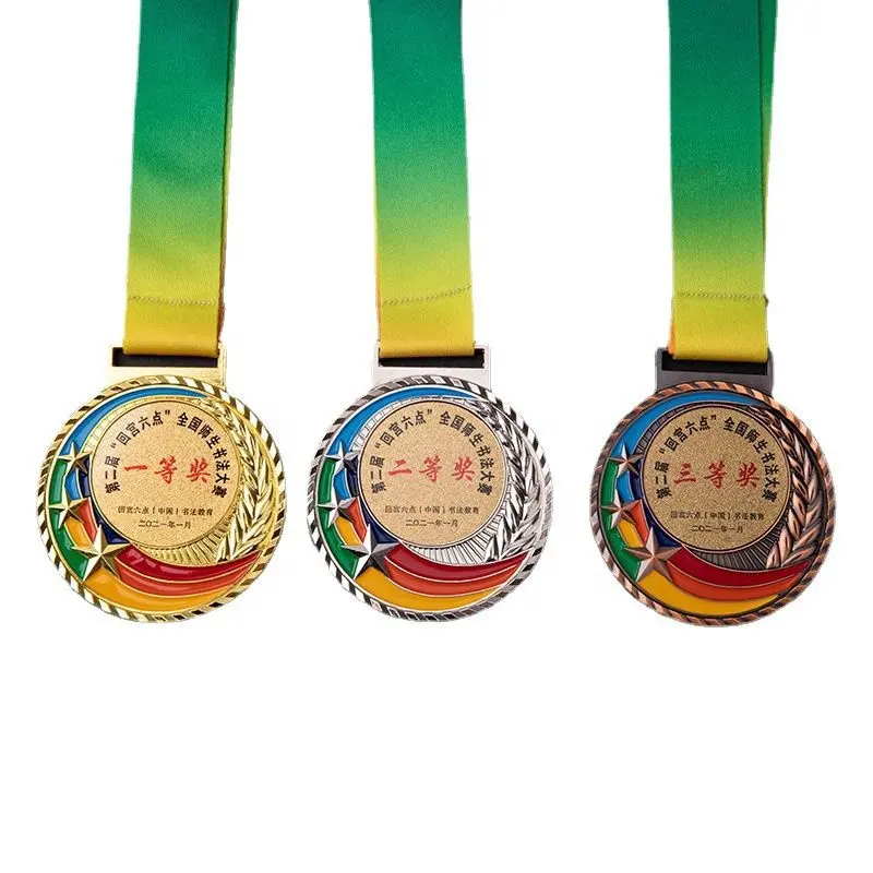 Wholesale Antique Rainbow Star Medals Gold Silver Bronze Metal Pins with Ribbon Sports Themed Souvenir for Kindergarten Kids