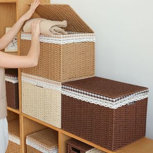 Imitation rattan storage basket, flip-top, multi-functional storage <b>box</b>, dustproof and miscellaneous item storage basket, - Product Image 1