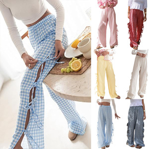 Pantalon à jambes larges Y2K pour femmes Pantalon ample en polyester imprimé à carreaux/rayures à nouer sur le côté Printemps Été Mode Pantalons de survêtement décontractés Bas - Product Image 1