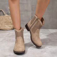 Bottines à talon bas et bout rond pour femmes, design à découpes en grille, fermeture éclair latérale, poignées de traction, chaussures tendance