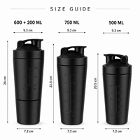 Bouteille shaker à protéines 2-en-1 en acier inoxydable de 600 ml avec gobelet de rangement de 200 ml, fouet et échelle de mesure pour la gym et le fitness