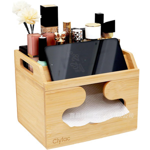 Clyfac Bamboo Tissue Box With Phone Slot Multi Functional <b>Desktop</b> Organizer For Vanity Countertop - Product Image 2