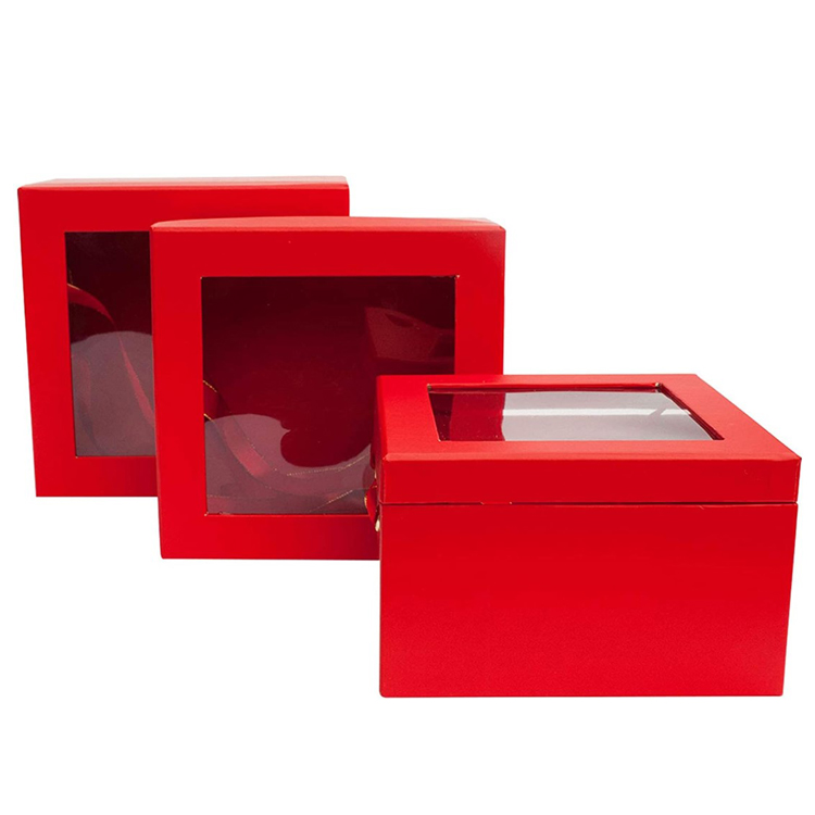 Luxury Square Presentation Gift Box White Print with Transparent Top Double Layer Interior White and Gold Satin Ribbon Handles