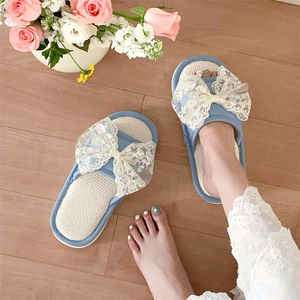 XXT OEM personnalisé respirant coton lin pantoufles doux intérieur maison chaussures antidérapant femmes dentelle arc maison diapositives - Product Image 6