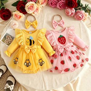 Lindo Vestido Romper <span class=keywords><strong>de</strong></span> Encaje y Tul con Estampado <span class=keywords><strong>de</strong></span> Abejas y Manga Larga para Bebé Niña, Atuendo <span class=keywords><strong>de</strong></span> Primavera y Otoño con Diadema <span class=keywords><strong>de</strong></span> Lazo - Product Image 1