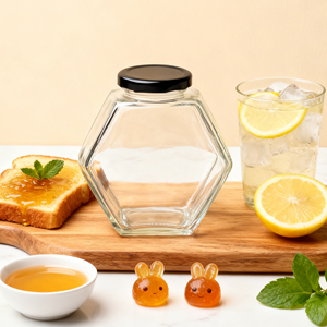 New Style Glass Honey Jars Hex Design with Wood Lid Ideal for Boutique Food Brands and Gifting - Product Image 4