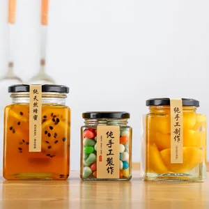 食品级透明空方形蜂蜜玻璃罐，带金属螺旋盖，用于食品储存