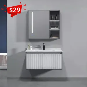 Kabinet toilet modern mengambang Aluminium dinding wastafel tunggal kamar mandi vanity dengan cermin wastafel untuk hotel kamar mandi