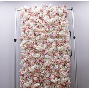 Mur de fleurs artificielles pour mariage, toile de fond 3D 8ft x 8ft, panneau enroulable, roses en tissu blanc et gypsophile rose - Product Image 2