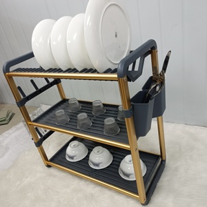 Escurridor de Platos <span class=keywords><strong>Plegable</strong></span> de 3 Niveles para Encimera de Cocina, Escurridor de Platos de Aluminio con Bandeja de Drenaje, Almacenamiento de Platos y Tazones - Product Image 1