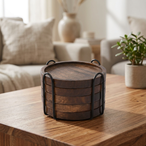 Juego de 6 Posavasos de Madera de Acacia Ecológicos de Lujo Antideslizantes con Soporte, 350 mm de Diámetro, Decoración Navideña para el Hogar y la Oficina, Mesa de Café, Escritorio - Product Image 5