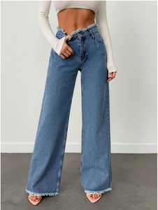 <span class=keywords><strong>Taille</strong></span> haute 100% coton Simple Denim Jeans pour femmes grandes poche avant frange garniture décontracté Fit Jeans Non extensible Pantalon - Product Image 3