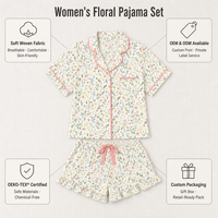 Dames Zomer Korte Pyjama Set Schattige Bloemenstrik Fruit Print Contrast Pipping Groothandel Ddp Verzending Gebreide Stof