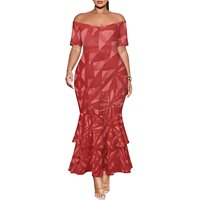 Gaun Batik Polyester Wanita Lengan Pendek Off-Shoulder Panjang Lantai Siluet Duyung Dua Lapis Model Fishtail Harga Grosir