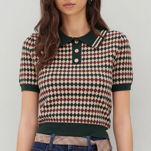 Pulls pour femmes personnalisés avec logo OEM & ODM, motif jacquard, manches courtes, tricot pour femmes, haut en tricot pour le printemps, pull en tricot pour femmes - Product Image 4