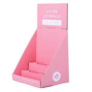 Mostrador de cartón de diseño personalizado, soporte de exhibición de tarjetas de felicitación, caja de exhibición de postal de regalo de mesa de papel rosa